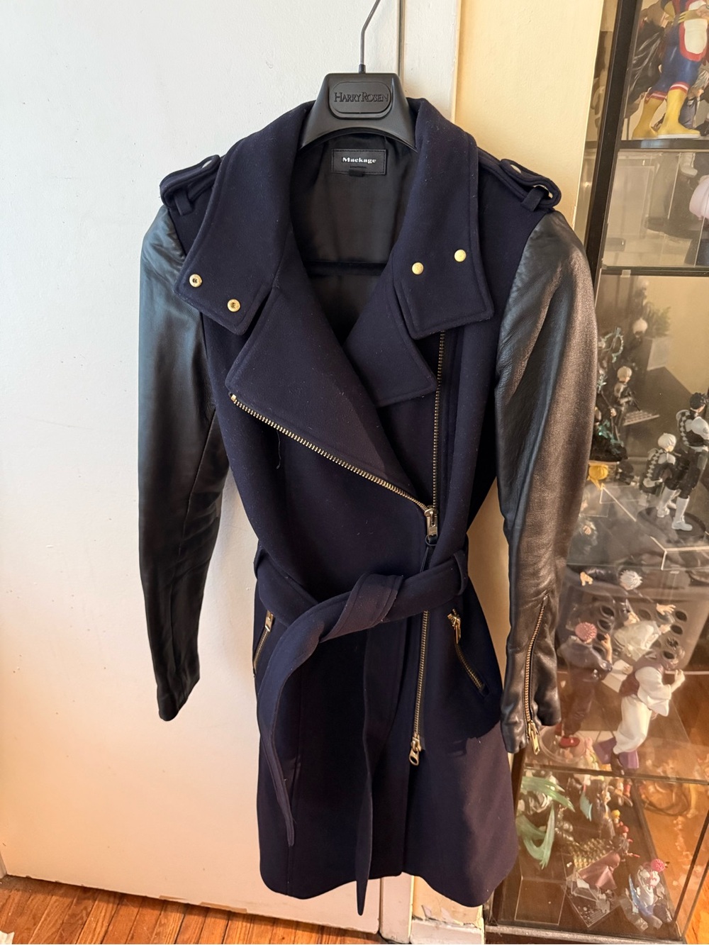 Mackage Navy Wool Trench Coat with Black Leather Sleeves